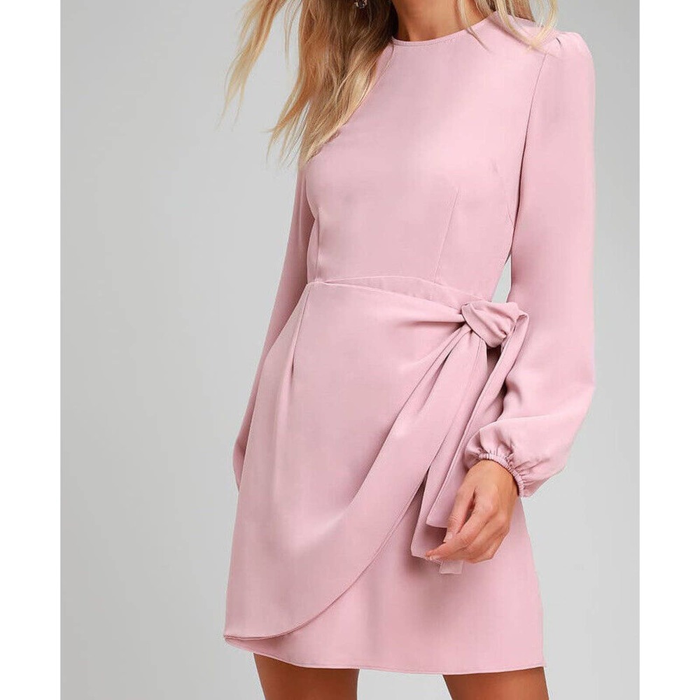 Lulu's Blush Pink Long Sleeve Wrap-Detail Mini Dress